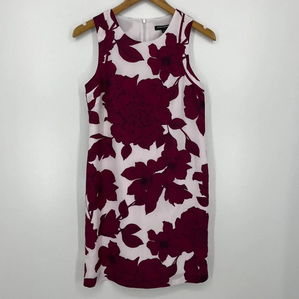 Banana Republic Dress Women's Size 2 Red Floral Print Back Zip Sleeveless‎